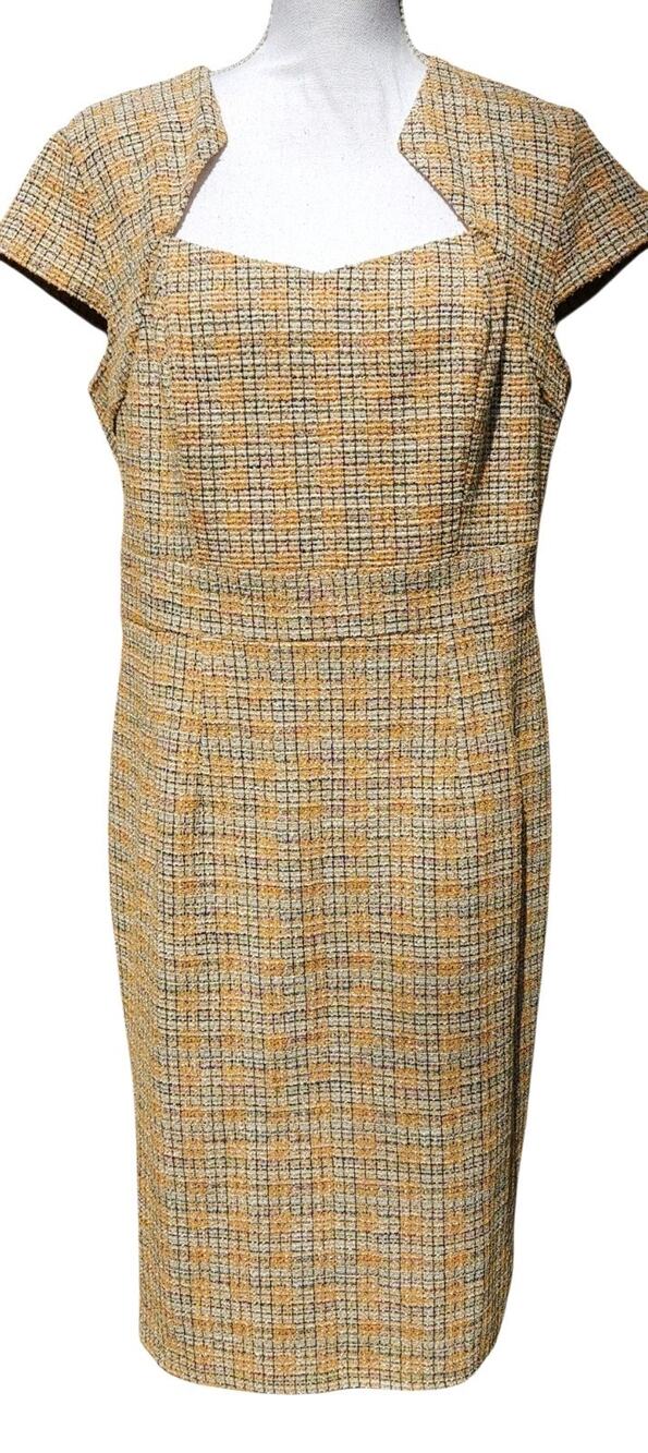 Grace Karin Womens Tweed Sheath Dress XL Yellow Multicolor Plaid Cap Sleeve NWT